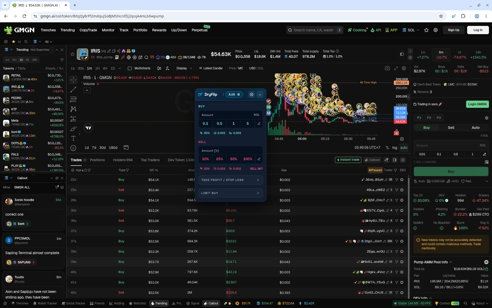 Widget DryFlip muncul di halaman token GMGN