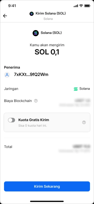Ilustrasi (diedit dari screenshot resmi Pintu): konfirmasi kirim SOL. Biaya diburamkan, cek angkanya di aplikasi. Angka/harga hanya contoh.