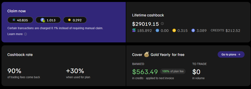 Contoh nyata: dashboard cashback Frontrun milik penulis materi ini. Lifetime cashback $29,019.15 (sekitar 29 ribu dolar AS), dan 90% fee trading balik.