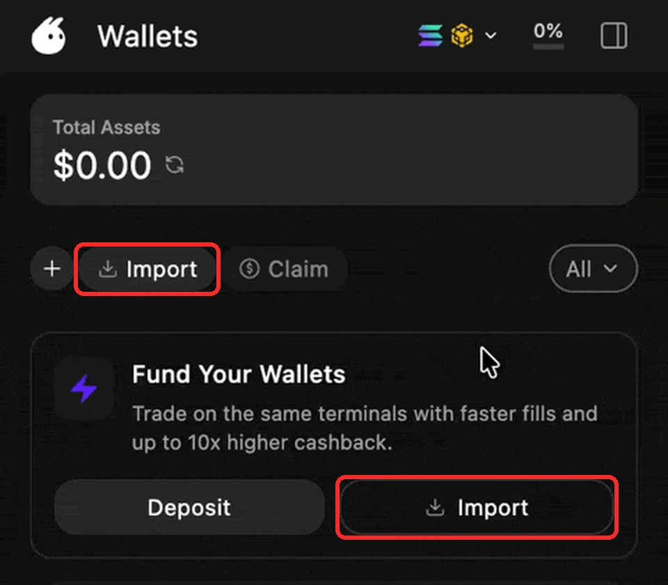 Sidepanel Frontrun, tab Wallets: tombol Import untuk memasukkan wallet yang sudah ada. (Sumber: Frontrun Docs, diberi kotak merah)