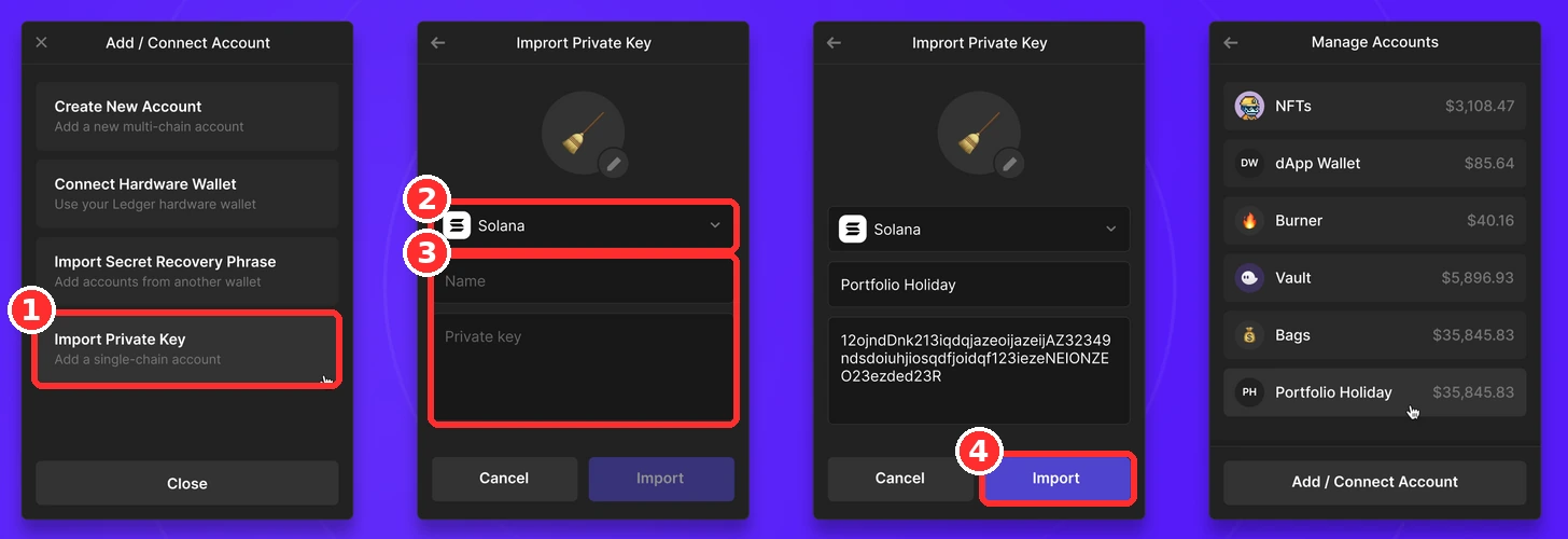 Import private key di Phantom: ① Import Private Key, ② pilih Solana, ③ nama + private key, ④ Import. Sumber: Phantom (phantom.com/learn), diberi kotak merah. Tampilan bisa sedikit beda.