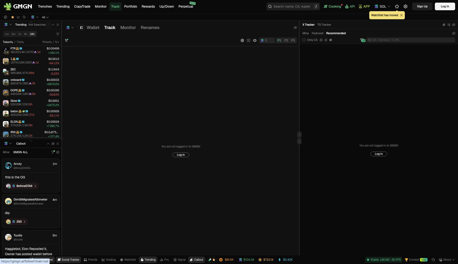 Halaman Track di GMGN: fitur melacak wallet perlu login dulu