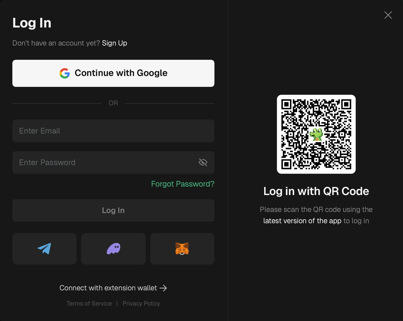 Jendela Log In GMGN: Continue with Google, email/password, Telegram, Phantom, MetaMask, dan QR code. (Screenshot: GMGN)